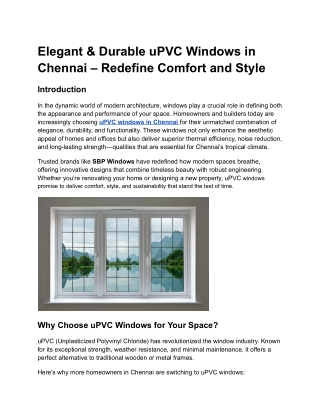 Elegant & Durable uPVC Windows in Chennai – Redefine Comfort and Style