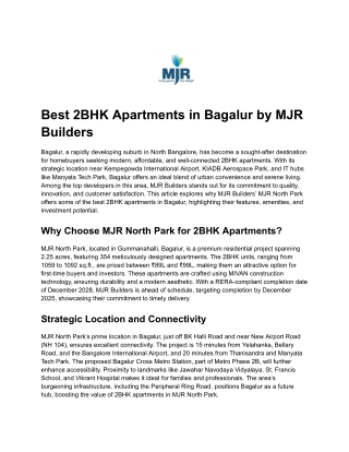 Best 2BHK Apartments in Bagalur by MJR Builders
