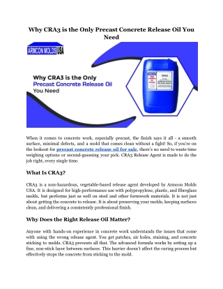 Why CRA3 is the Only Precast Concrete Release Oil You Need