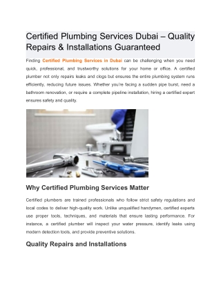 Certified Plumbing Services Dubai – Quality Repairs & Installations Guaranteed
