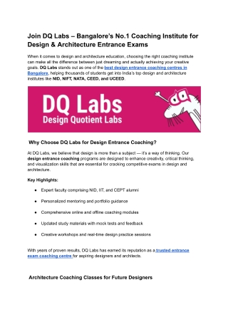 Join DQ Labs – Bangalore’s No.1 Coaching Institute for Design & Architecture Entrance Exams (1)