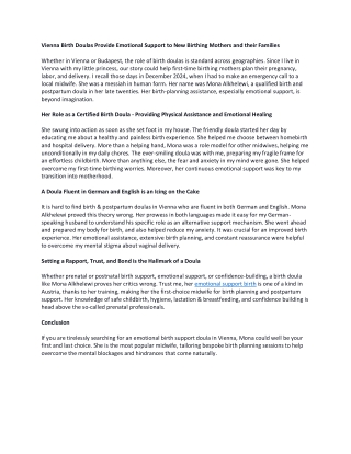 Vienna Birth Doulas Provide Emotional Support to New Birthing Mothers and their Families