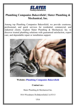 Plumbing Companies Bakersfield  Slater Plumbing & Mechanical, Inc.