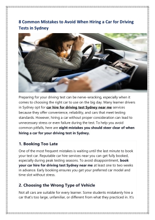 8 Common Mistakes to Avoid When Hiring a Car for Driving Tests in Sydney