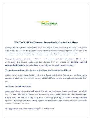 Why You’ll Still Need Interstate Removalists Services for Local Moves