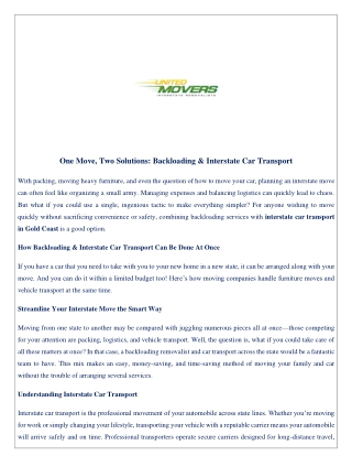 One Move, Two Solutions-Backloading & Interstate Car Transport