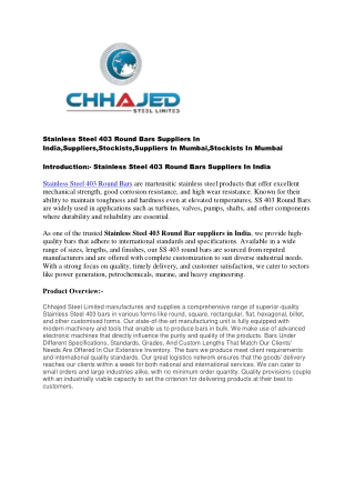 Stainless Steel 403 Round Bars Suppliers In India