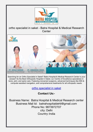 ortho specialist in saket - Batra Hospital & Medical Research Center