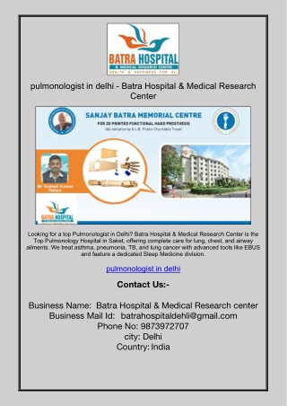 pulmonologist in delhi - Batra Hospital & Medical Research Center