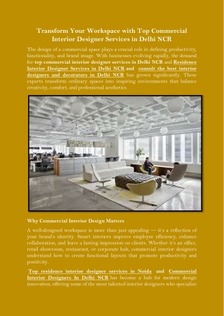 Transform Your Workspace with Top Commercial Interior Designer Services in Delhi NCR