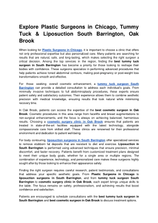 Explore Plastic Surgeons in Chicago, Tummy Tuck & Liposuction South Barrington, Oak Brook