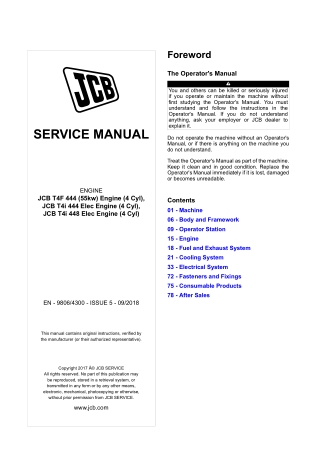 JCB T4F 444 (55KW) Engine (4 Cyl), T4i 444 Elec Engine (4 Cyl), T4i 448 Elec Engine (4 Cyl) Service Repair Manual Instan