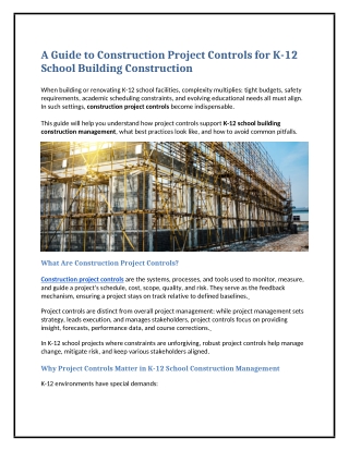 A Guide to Construction Project Controls for K-12 School Building Construction