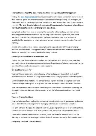 Financial Advice Near Me, Best Financial Advisor for Expert Wealth Management