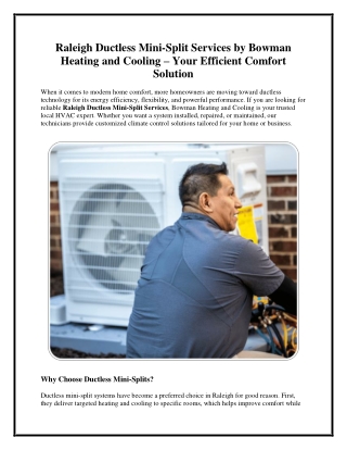Raleigh Ductless Mini-Split Services by Bowman Heating and Cooling