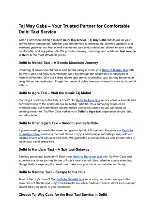 Taj Way Cabs – Your Trusted Partner for Comfortable Delhi Taxi Service