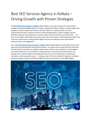 Best SEO Services Agency in Kolkata – Driving Growth with Proven Strategies