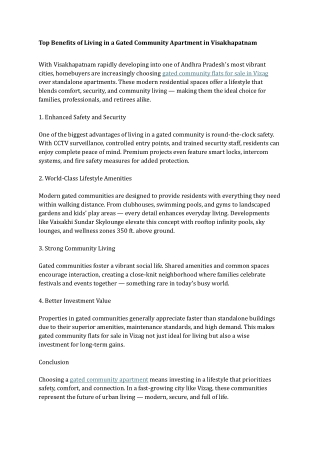 Top Benefits of Living in a Gated Community Apartment in Visakhapatnam