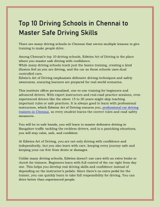 Top 10 Driving Schools in Chennai to Master Safe Driving Skills