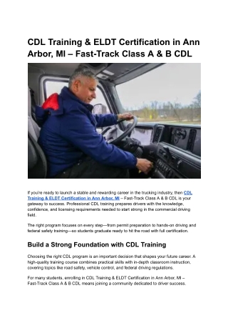 CDL Training & ELDT Certification in Ann Arbor, MI – Fast-Track Class A & B CDL