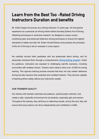 Learn from the Best Too- rated Driving Instructors Duration and benefits