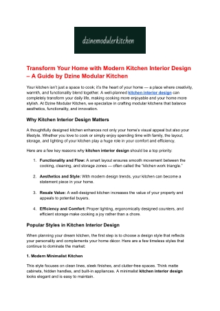 Transform Your Home with Modern Kitchen Interior Design – A Guide by Dzine Modular Kitchen