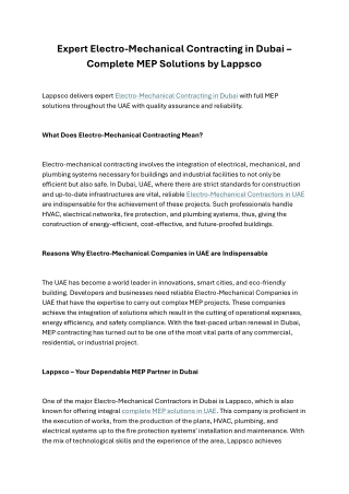 Expert Electro-Mechanical Contracting in Dubai – Complete MEP Solutions by Lappsco