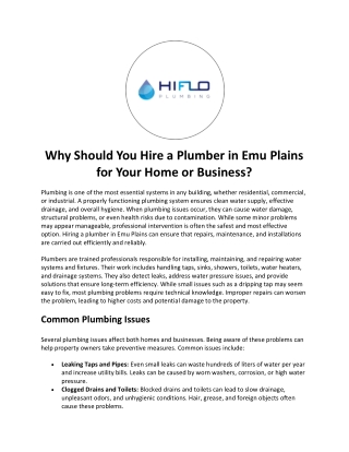 Why Should You Hire a Plumber in Emu Plains for Your Home or Business?