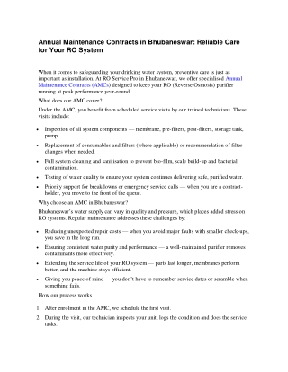 Annual Maintenance Contracts in Bhubaneswar Reliable Care for Your RO System
