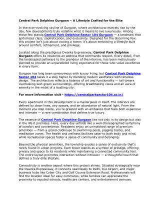 Central Park Delphine Gurgaon – A Lifestyle Crafted for the Elite