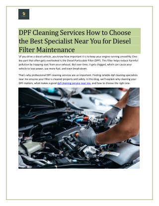 DPF Cleaning Services How to Choose the Best Specialist Near You for Diesel Filter Maintenance