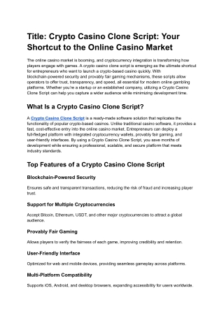 Crypto Casino Clone Script_ Your Shortcut to the Online Casino Market
