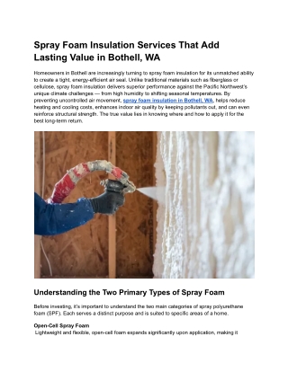 Spray Foam Insulation Services That Add Lasting Value in Bothell, WA