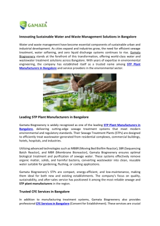 Innovating Sustainable Water and Waste Management Solutions in Bangalore