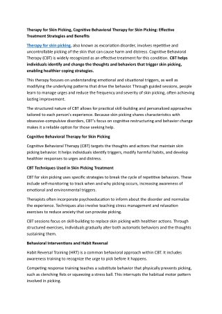 Therapy for Skin Picking, Cognitive Behavioral Therapy for Skin Picking Effective Treatment Strategies and Benefits