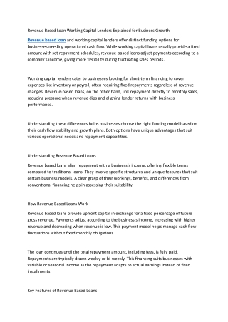 Revenue Based Loan Working Capital Lenders Explained for Business Growth