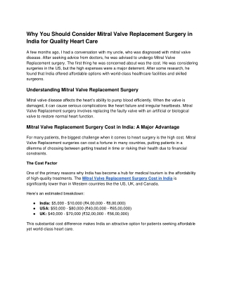 Why You Should Consider Mitral Valve Replacement Surgery in India for Quality Heart Care