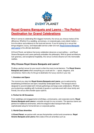 Royal Greens Banquets and Lawns – The Perfect Destination for Grand Celebrations