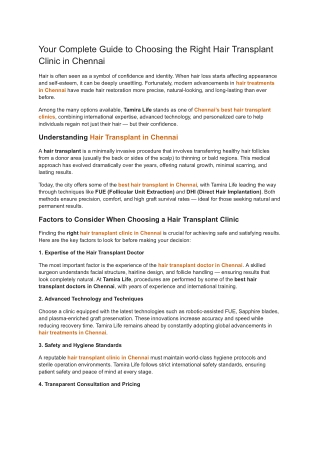 Your Complete Guide to Choosing the Right Hair Transplant Clinic in Chennai