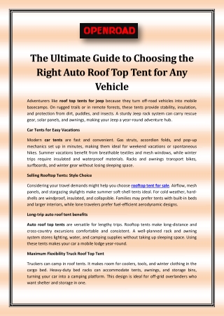 The Ultimate Guide to Choosing the Right Auto Roof Top Tent for Any Vehicle