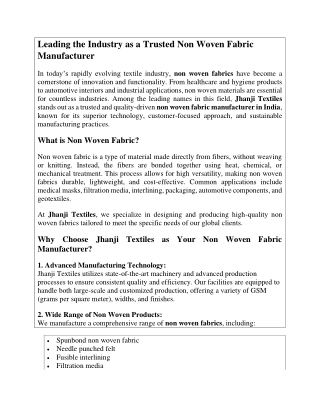 Leading the Industry as a Trusted Non Woven Fabric Manufacturer