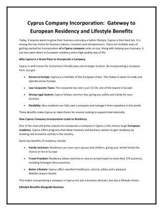 Cyprus Company Incorporation  Gateway to European Residency and Lifestyle Benefits