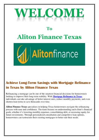 Achieve Long-Term Savings with Mortgage Refinance in Texas by Aliton Finance Texas