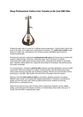 Shop Professional Violins from Yamaha at No Cost EMI Offer
