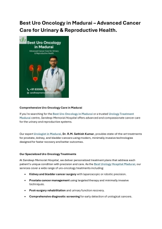 Best Uro Oncology in Madurai Advanced Cancer Care for Urinary and Reproductive Health