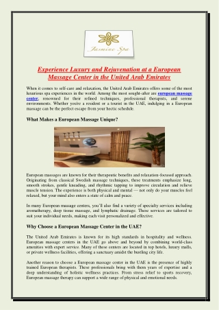 Experience Luxury and Rejuvenation at a European Massage Center in the United Arab Emirates