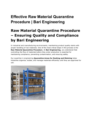Effective Raw Material Quarantine Procedure _ Bari Engineering