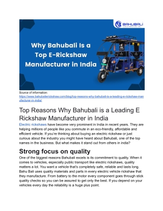 Top Reasons Why Bahubali is a Leading E Rickshaw Manufacturer in India
