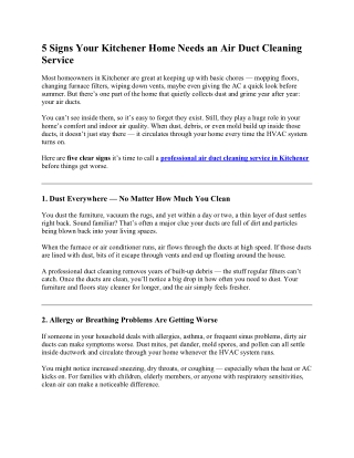 5 Signs Your Kitchener Home Needs an Air Duct Cleaning Service