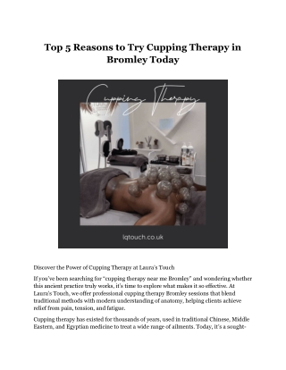 Top 5 Reasons to Try Cupping Therapy in Bromley Today